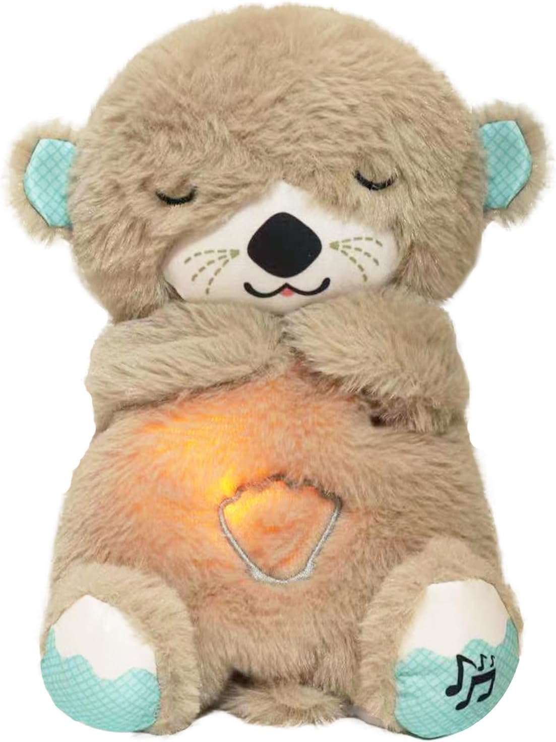 Plush teddy bear with a glowing heart inside on a white background