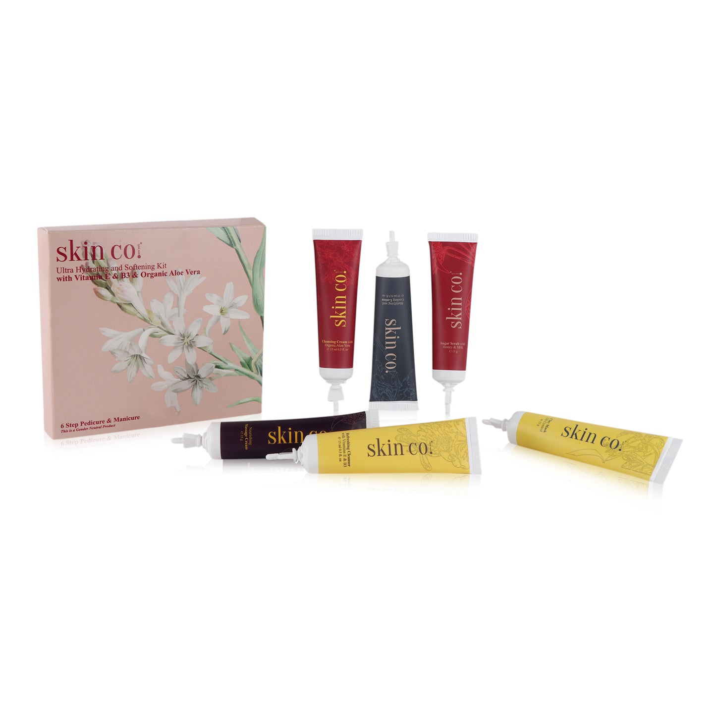 Collection of skin care products with 'skin co.' branding on a white background