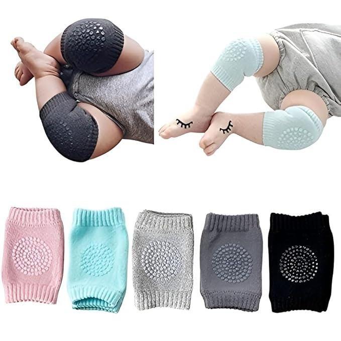 Baby knee pads in various colors with a child wearing them on a white background.