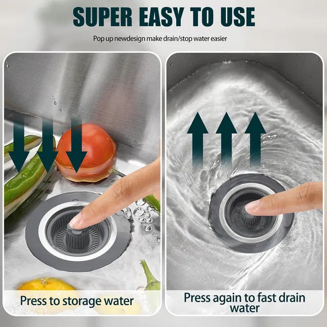 Instructions on how to use a sink drain stopper with arrows and text.