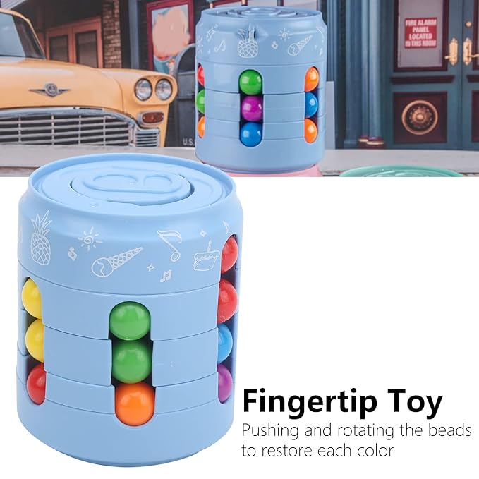 Blue fingertip toy with colorful beads in front of a vintage car and building background