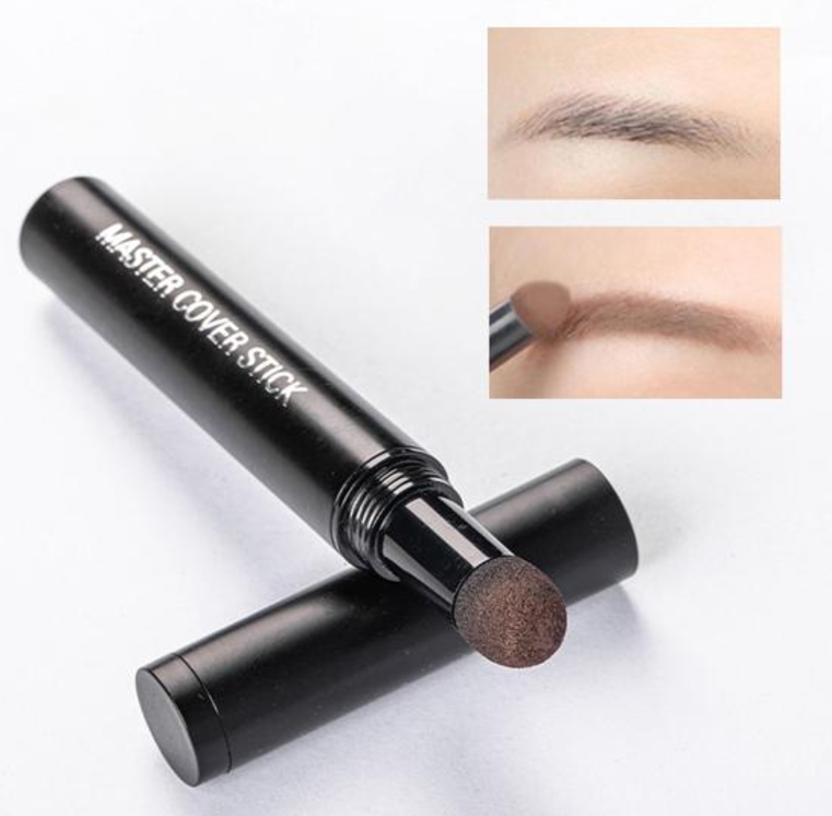 Master Cover Stick makeup product with close-up of applied brown color on skin.