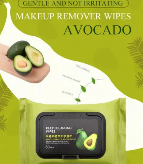 Avocado-themed makeup remover wipes packaging with a hand holding avocados on a green background.