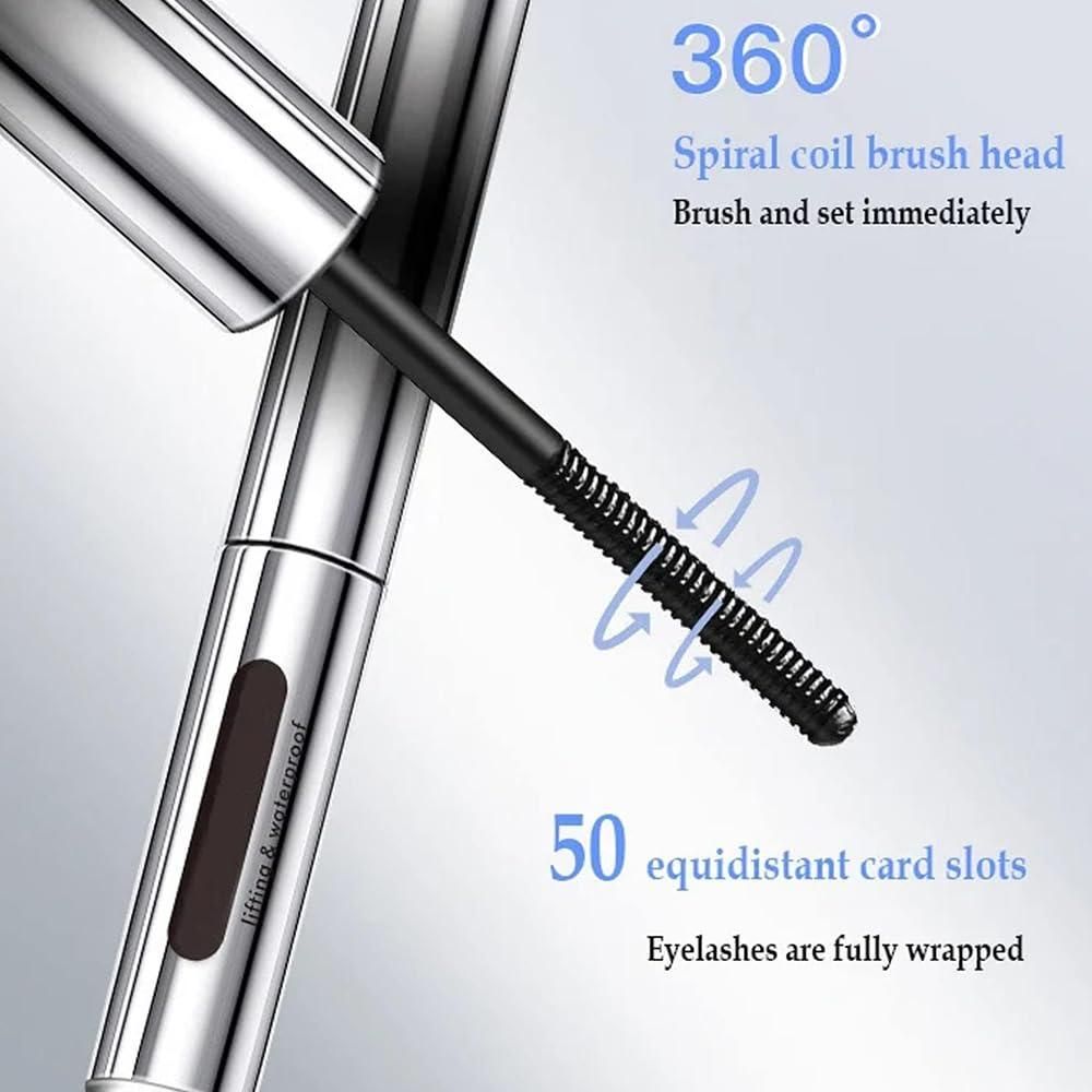 Eyelash extension tool with spiral coil brush head on a light gray background