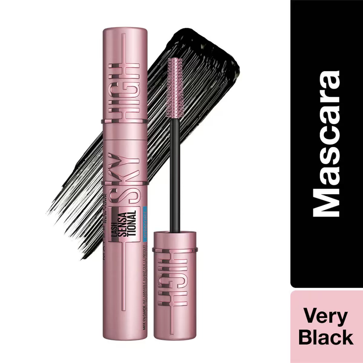 Mascara with pink casing and black wand on a white background