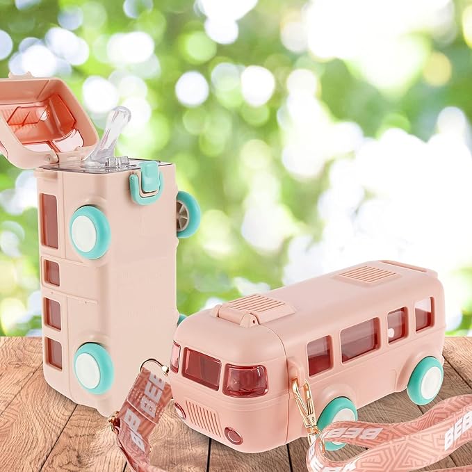 Kids Bus-Shaped Water Bottle with Straw & Strap – Cute & Leak-Proof