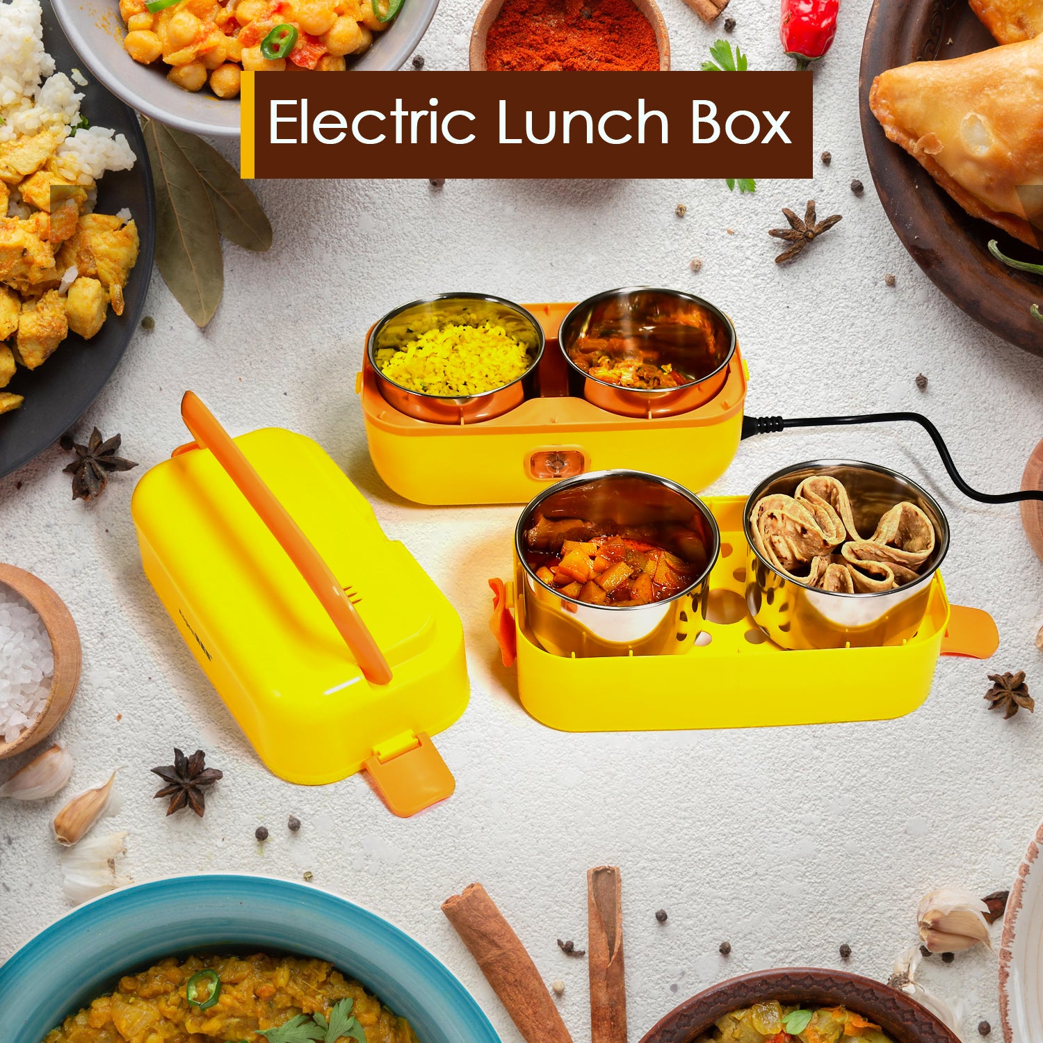 Portable Electric Lunch Box – Dual Layer (Yellow & Orange)