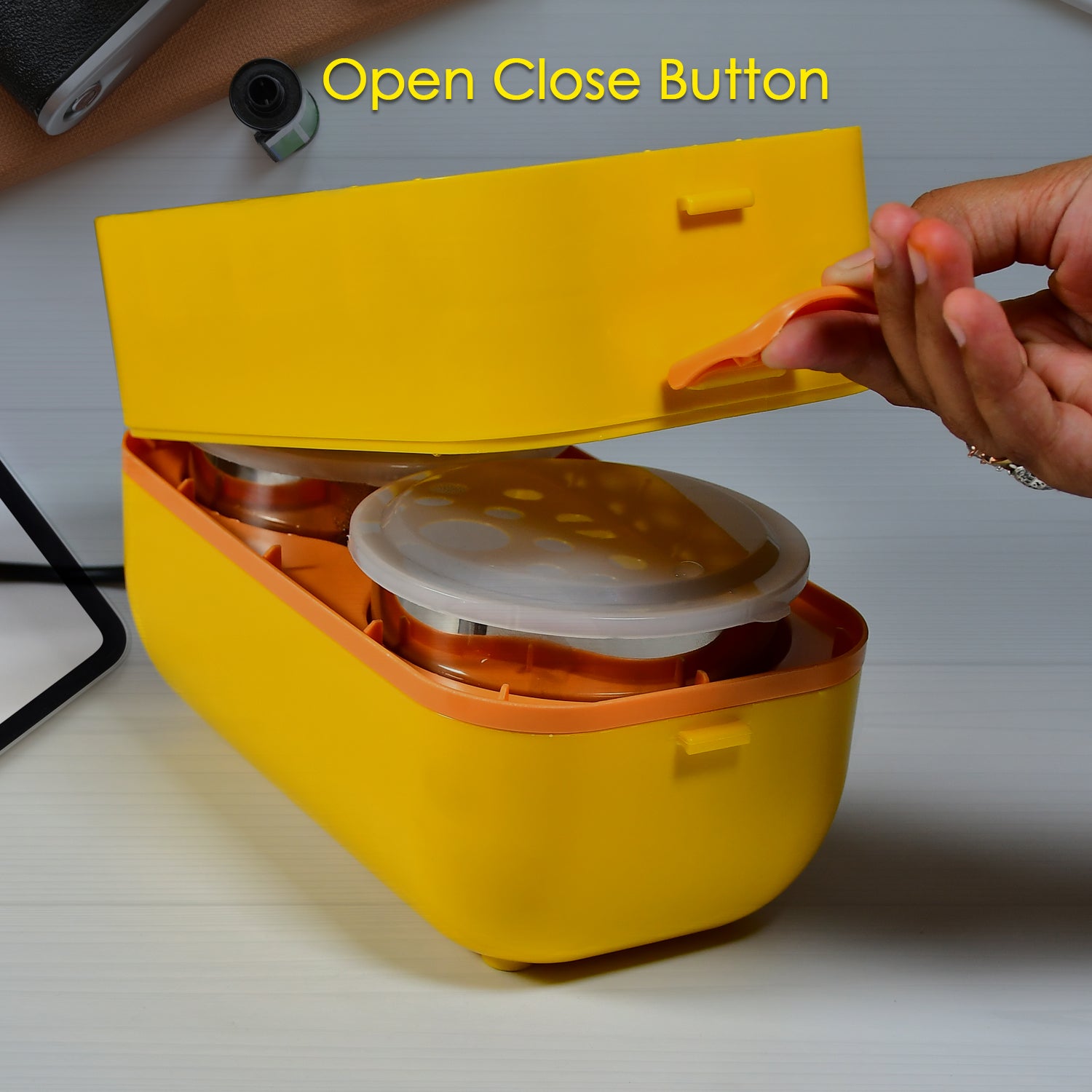 Portable Electric Lunch Box – Dual Layer (Yellow & Orange)