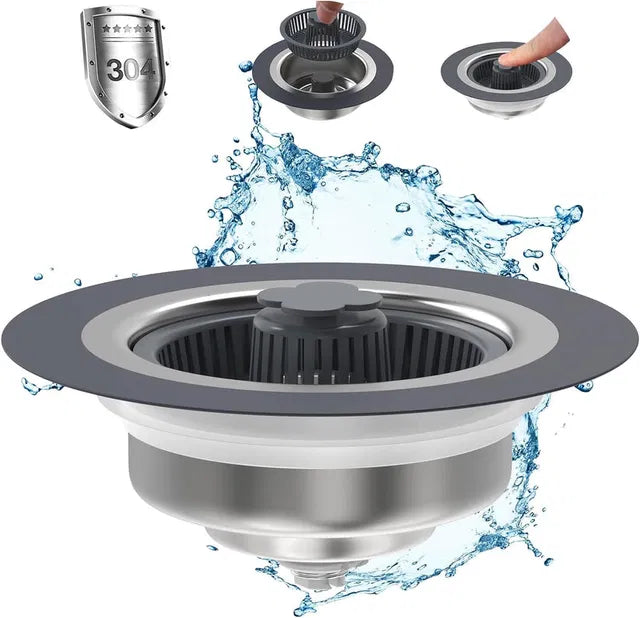 Stainless steel sink drain with water splashes and '304' stamp on a white background