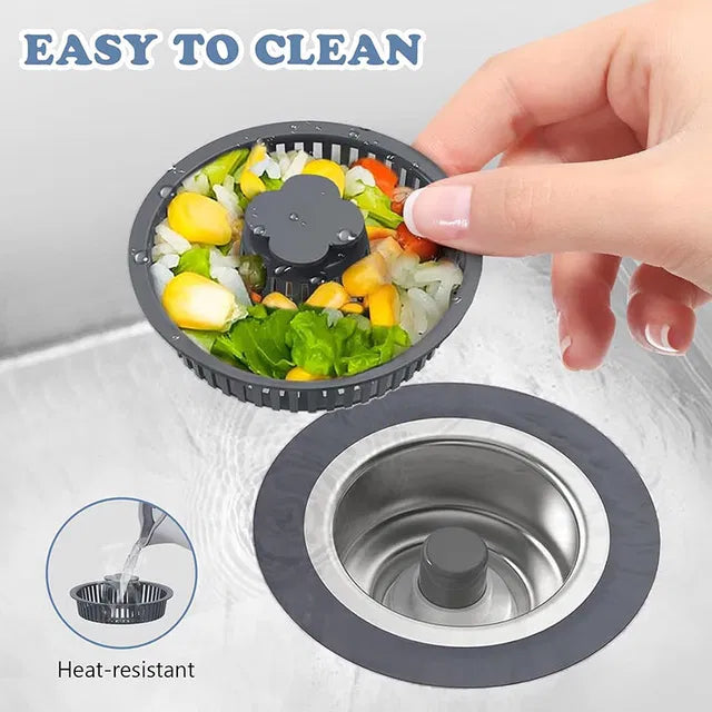 Kitchen sink strainer with vegetables and a hand lifting it, labeled 'Easy to Clean' and 'Heat-resistant'.
